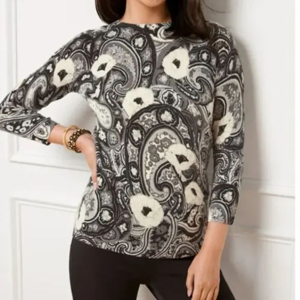 Talbots Pure Cashmere Floral Paisley Crew Neck Sweater - Black/Gray/Cream LP